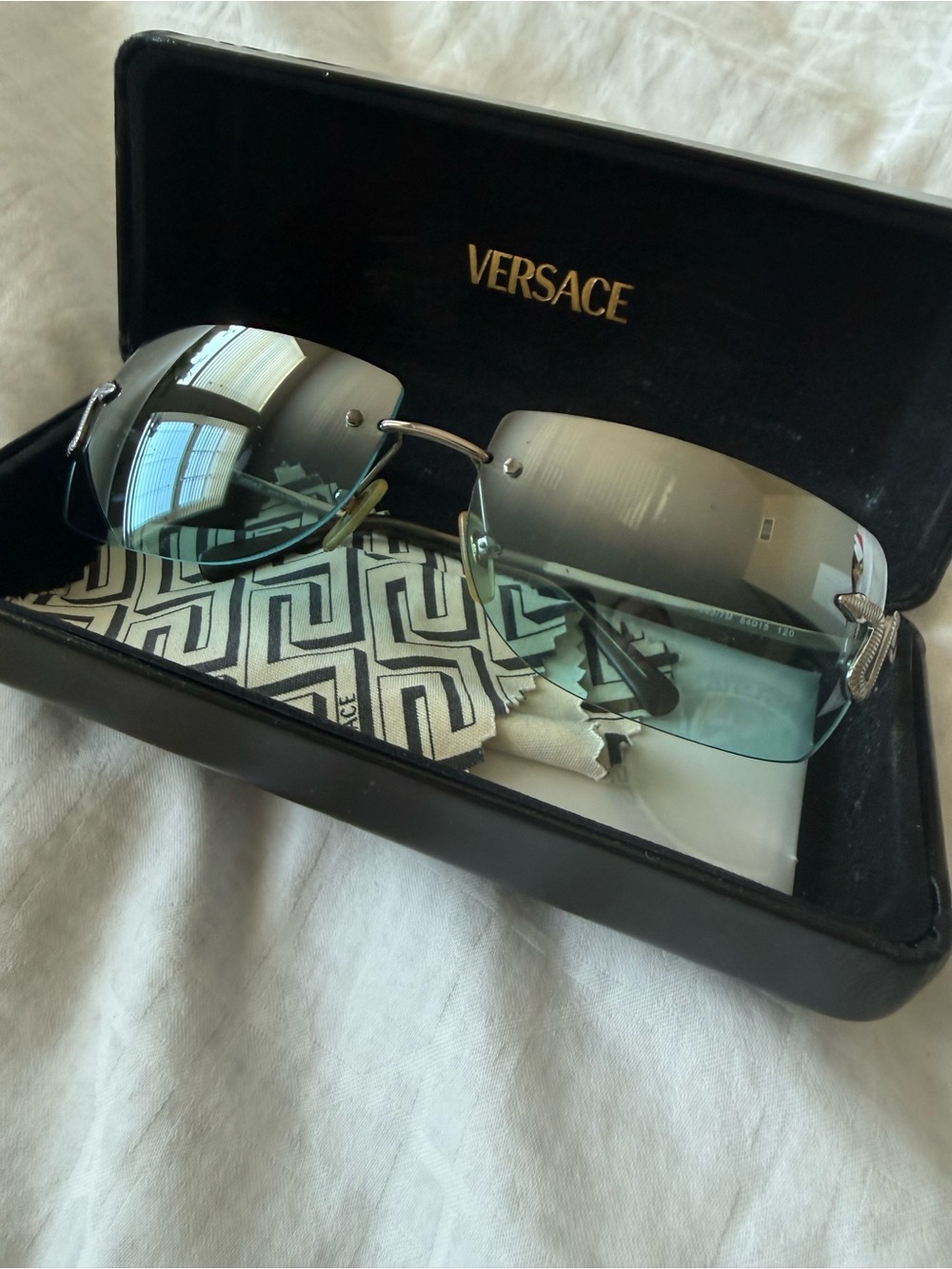 Versace Rimless Sunglasses with Gradient Green Lenses and Silver Accents